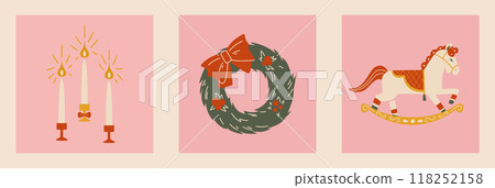 Retro holiday cards. Set of vintage christmas illustration: rocking horse, candles, wreath. Retro holiday cards. Set of vintage christmas illustration: rocking horse, candles, wreath. 118252158