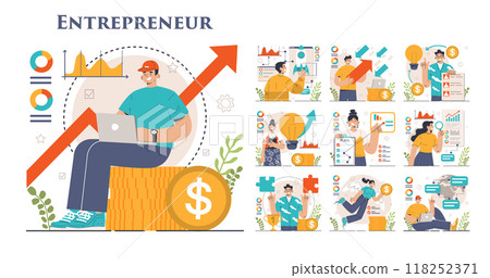 Entrepreneur set. Successful business leader launching and managing a company. Idea of leadership and career achievement. Flat vector illustration 118252371