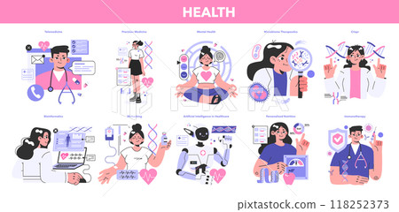 Modern healthcare practices. Innovative diagnosis and treatment methodics. Telemedicine, precision medicine, microbiome therapeutics, crispr, bioinformatics, immunotherapy. Flat vector illustration 118252373