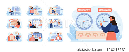 Hybrid work set. Characters with a flexible schedule, working from office and home. Telework and outsource, employee work globaly. Digital nomad or freelancer idea. Flat vector illustration 118252381