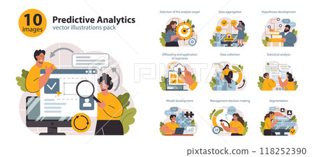 Predictive analytics set. Process of using data to forecast future outcome. Business ideas or decisions development. Character processing big data. Outlook or forecast. Flat vector illustration Predictive analytics set. Process of using data to forecast future outcome. Business ideas or decisions development. Character processing big data. Outlook or forecast. Flat vector illustration 118252390