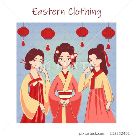 Oriental culture. East asian traditional clothes. Chinese or japanese female characters in dresses. Ethnic clothing. Flat vector illustration Oriental culture. East asian traditional clothes. Chinese or japanese female characters in dresses. Ethnic clothing. Flat vector illustration 118252401