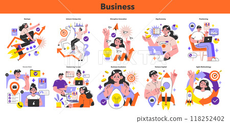 Business development set. Modern entrepreneurship model. Startup, unicorn company, disruptive Innovation. Company innovations. Business incubators and venture capital. Flat vector illustration 118252402