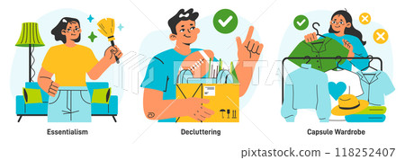 Minimalist lifestyle set. Simple and restrained living practices. Modern trendy idea of decluttering a living space and routine. Sustainable and mindful consumption. Flat vector illustration Minimalist lifestyle set. Simple and restrained living practices. Modern trendy idea of decluttering a living space and routine. Sustainable and mindful consumption. Flat vector illustration 118252407