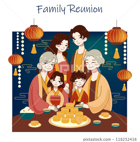 Traditional chinese fest set. Mid-Autumn festival, moon festival or mooncake festival. Happy asian family celebrate national autumn holiday. Flat vector illustration Traditional chinese fest set. Mid-Autumn festival, moon festival or mooncake festival. Happy asian family celebrate national autumn holiday. Flat vector illustration 118252416