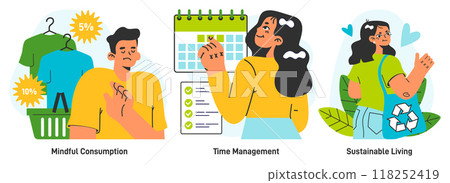 Minimalist lifestyle set. Simple and restrained living practices. Modern trendy idea of decluttering a living space and routine. Sustainable and mindful consumption. Flat vector illustration 118252419