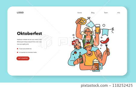 Oktoberfest festival web banner or landing page. Cheerful Bavarian people or tourists. Characters holding a beer, sausage and pretzel. Traditional annual beer carnival. Flat vector illustration Oktoberfest festival web banner or landing page. Cheerful Bavarian people or tourists. Characters holding a beer, sausage and pretzel. Traditional annual beer carnival. Flat vector illustration 118252425