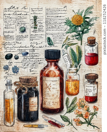 Vintage science lab featuring herbs and medicine bottles Vintage science lab featuring herbs and medicine bottles 118252426