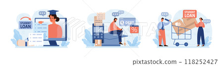 Student debt set. Young graduated character with a financial crisis. Expencive education loan. Payment problem after a graduation. Flat vector illustration 118252427