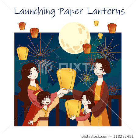 Traditional chinese fest set. Mid-Autumn festival, moon festival or mooncake festival. Happy asian family celebrate national autumn holiday. Flat vector illustration Traditional chinese fest set. Mid-Autumn festival, moon festival or mooncake festival. Happy asian family celebrate national autumn holiday. Flat vector illustration 118252431