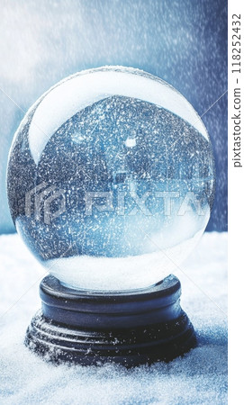 Snow globe resting on a snow covered surface with snow falling in the background 118252432