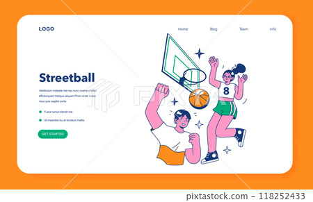 Streetball game web banner or landing page. Team players play basketball outside. Teen or young adult characters in a sportswear play with a ball. Flat vector illustration. Streetball game web banner or landing page. Team players play basketball outside. Teen or young adult characters in a sportswear play with a ball. Flat vector illustration. 118252433