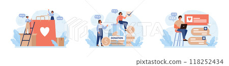 Charity set. Volunteers community take care of people in need. Idea of care and humanity. Humanitarian aid and donations for poor people support. Flat vector illustration Charity set. Volunteers community take care of people in need. Idea of care and humanity. Humanitarian aid and donations for poor people support. Flat vector illustration 118252434