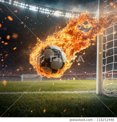 Burning soccer ball flying into goal with crowded stadium background 118252446