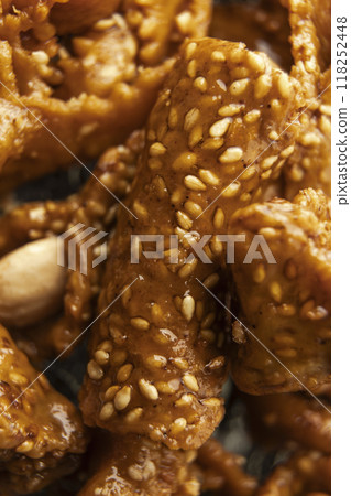View of a plate of shebaquia, typical sweet of the month of Ramadan in Morocco View of a plate of shebaquia, typical sweet of the month of Ramadan in Morocco 118252448