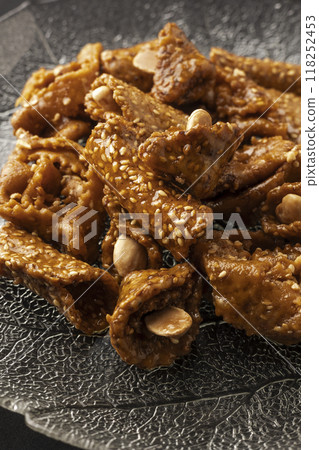 View of a plate of shebaquia, typical sweet of the month of Ramadan in Morocco View of a plate of shebaquia, typical sweet of the month of Ramadan in Morocco 118252453