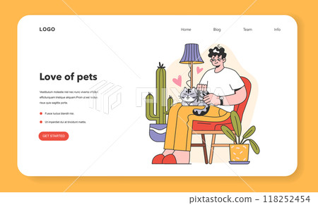 Character with a cat web banner or landing page. Happy man and kitten spend time together. Friendship between animal and pet owner. Cute scene. Flat vector illustration 118252454