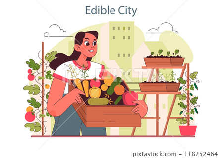 Urban farming or gardening. City horticulture practice. Woman planting and growing vegetables and herbs on the roof or balcony. Organic food cultivation. Flat vector illustration 118252464