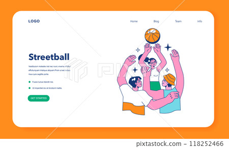 Streetball game web banner or landing page. Team players play basketball outside. Teen or young adult characters in a sportswear play with a ball. Flat vector illustration. 118252466