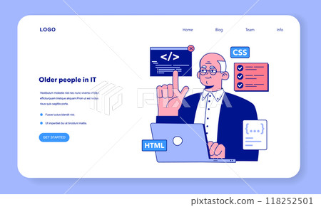 Senior developer web banner or landing page. Oldman programming and coding. Developing and maintaining website or app. Oldster IT specialist working in data processing center. Flat vector illustration Senior developer web banner or landing page. Oldman programming and coding. Developing and maintaining website or app. Oldster IT specialist working in data processing center. Flat vector illustration 118252501