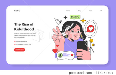 Kidult web banner or landing page. Woman keeping her childhood passion or interest. Adult character blogging on social media. Adult woman creating funny entertaining content. Flat vector illustration 118252505