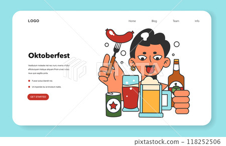 Oktoberfest festival web banner or landing page. Cheerful Bavarian people or tourists. Character holding a beer and sausage. Traditional annual beer carnival in Germany. Flat vector illustration Oktoberfest festival web banner or landing page. Cheerful Bavarian people or tourists. Character holding a beer and sausage. Traditional annual beer carnival in Germany. Flat vector illustration 118252506