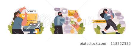 Charity set. Volunteers community take care of people in need. Idea of care and humanity. Humanitarian aid and donations for poor people support. Flat vector illustration Charity set. Volunteers community take care of people in need. Idea of care and humanity. Humanitarian aid and donations for poor people support. Flat vector illustration 118252523