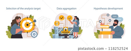 Predictive analytics set. Process of using data to forecast future outcome. Business ideas or decisions development. Character processing big data. Outlook or forecast. Flat vector illustration 118252524