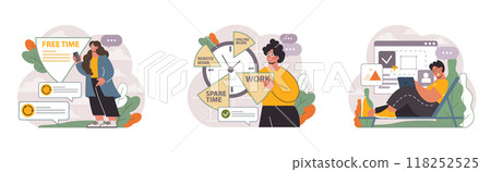 Hybrid work set. Characters with a flexible schedule, working from office and home. Telework and outsource, employee work globaly. Digital nomad or freelancer idea. Flat vector illustration Hybrid work set. Characters with a flexible schedule, working from office and home. Telework and outsource, employee work globaly. Digital nomad or freelancer idea. Flat vector illustration 118252525