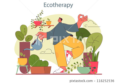 Urban farming or gardening. Character watering houseplants on the roof or balcony. Nature therapy to boost wellness and mental health. Balance and serenity of mind and body. Flat vector illustration 118252536