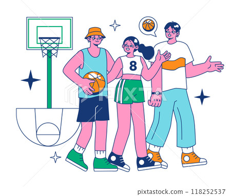 Streetball game. Team players play basketball outside. Teen or young adult characters in a sportswear play with a ball. Flat vector illustration. 118252537