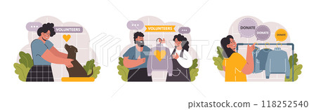 Charity set. Volunteers community take care of people in need. Idea of care and humanity. Humanitarian aid and donations for poor people support. Flat vector illustration Charity set. Volunteers community take care of people in need. Idea of care and humanity. Humanitarian aid and donations for poor people support. Flat vector illustration 118252540