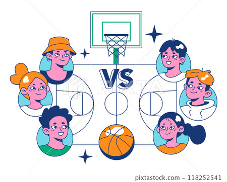 Streetball game. Team players play basketball outside. Teen or young adult characters in a sportswear play with a ball. Flat vector illustration. 118252541