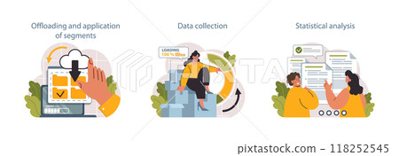 Predictive analytics set. Process of using data to forecast future outcome. Business ideas or decisions development. Character processing big data. Outlook or forecast. Flat vector illustration 118252545