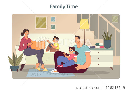 Family time. Mother, father and kids communication. Evening routine and daily life. Character spending time together, reading a book in the living room. Flat vector illustration 118252549