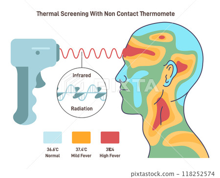 Body temperature check with infrared non-contact thermometer. Human heat map. Human head silhouette with warmth spectrum. Flat vector illustration 118252574