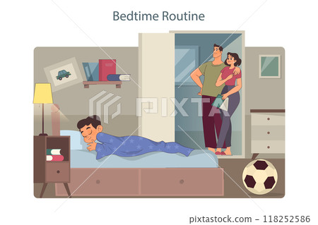 Family time. Mother and father put their son to sleep. Bed time routine and story telling. Little boy sleeping in his bedroom. Parent care and love. Flat vector illustration 118252586