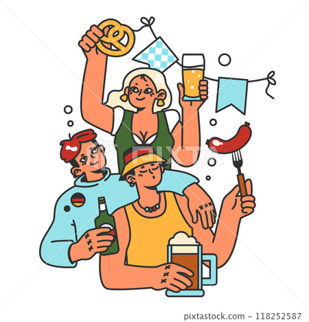 Oktoberfest festival. Cheerful Bavarian people or tourists. Characters holding a full glass of beer, sausage and pretzel. Traditional annual beer carnival in Germany. Flat vector illustration 118252587