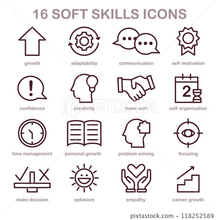 Soft skills icons set. Professional competences growth. Simple linear images for personal development. Self-education and improvement. Flat vector illustration Soft skills icons set. Professional competences growth. Simple linear images for personal development. Self-education and improvement. Flat vector illustration 118252589