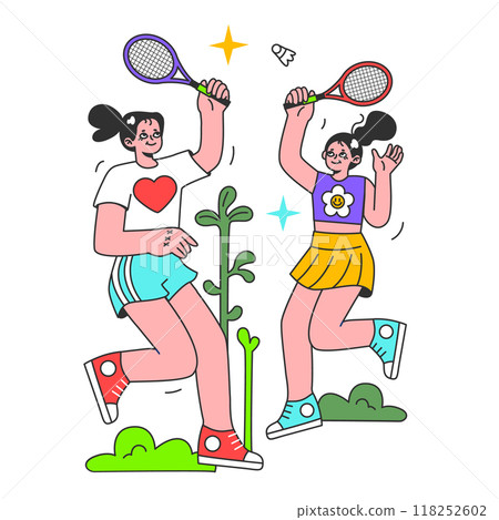 Summer time break activity. Active lifestyle. Two young female characters enjoying being outside, playing badminton or tennis in the city park. Flat vector illustration 118252602