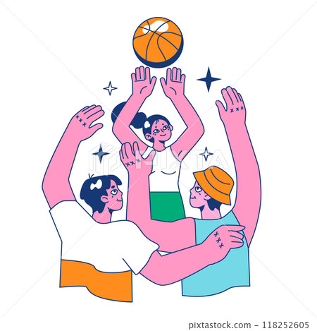 Streetball game. Team players play basketball outside. Teen or young adult characters in a sportswear play with a ball. Flat vector illustration. 118252605