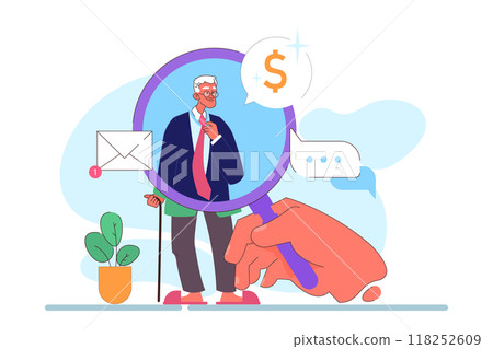 Senior employee. Elderly character keep working after retirement. Old worker in a formal business wear. Pensioner getting a job and making money in the office. Flat vector illustration Pensioner Senior employee. Elderly character keep working after retirement. Old worker in a formal business wear. Pensioner getting a job and making money in the office. Flat vector illustration Pensioner 118252609