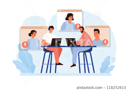 Virtual events. Online education, conference, exhibition, friends meeting, business video call. Communication through the Internet. Flat vector illustration 118252613