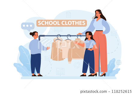 School preparation. School kids with parents prepare for studying. Characters buying new clothes, textbooks and stationery. Elementary education, back to school idea. Flat vector illustration 118252615