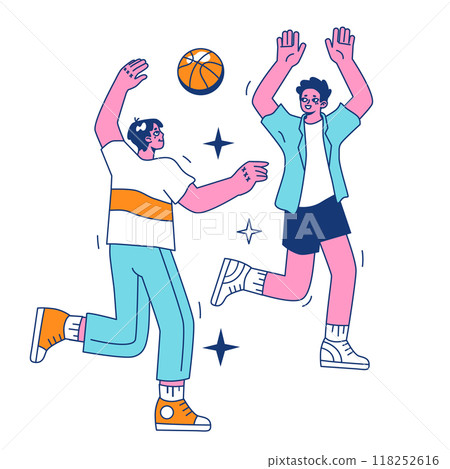 Streetball game. Team players play basketball outside. Teen or young adult characters in a sportswear play with a ball. Flat vector illustration. 118252616