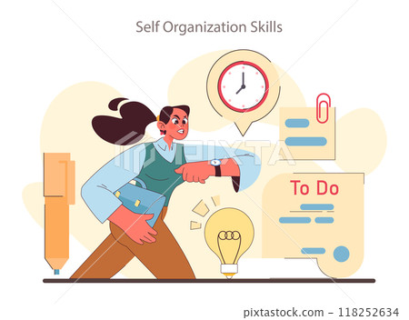 Soft skills development. Female employee with self-discipline skill. Time management. Personal regulation, self-organization and motivation. Flat vector Soft skills development. Female employee with self-discipline skill. Time management. Personal regulation, self-organization and motivation. Flat vector 118252634