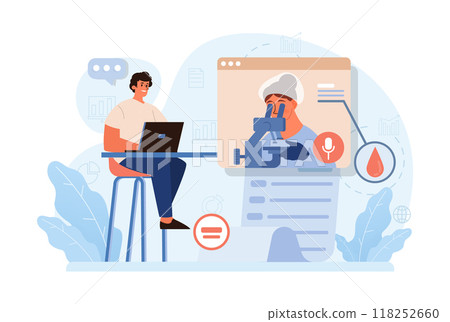 Telemedicine. Online consultation with a doctor. Remote medical treatment by videocalling on a device. Medical worker video chat. Flat vector illustration Telemedicine. Online consultation with a doctor. Remote medical treatment by videocalling on a device. Medical worker video chat. Flat vector illustration 118252660