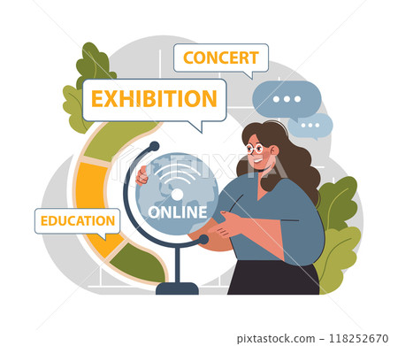 Virtual event. Online exhibition, concert or conference. Remote education and entertainment. Digital museum tour, livestream performance. Flat vector illustration 118252670