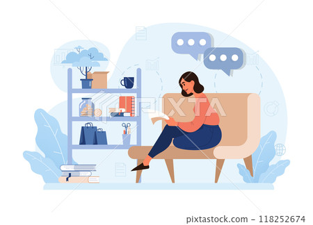 Hygge. Happy woman relaxing at home sitting on the coach, weekend leisure time. Slow lifestyle approach. Idea of coziness and comfort. Body and mind balance. Flat vector illustration 118252674