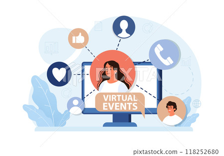 Virtual events. Online education, conference, exhibition, friends meeting, business video call. Communication through the Internet. Flat vector illustration 118252680